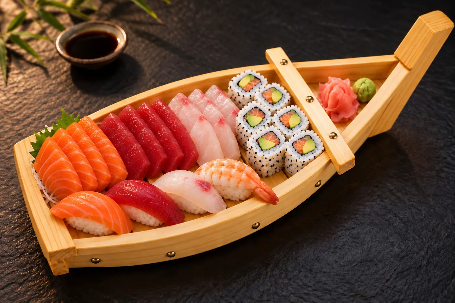 Plateau bateau en bois garni de sashimi, de sushi et de california saumon avocat, gingembre et wasabi.