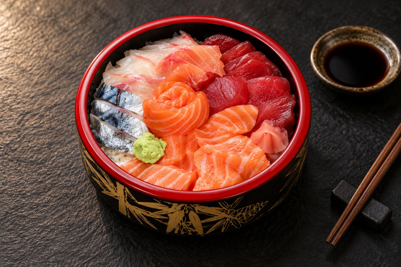 Bol laqué rouge de chirashi : tranches de saumon, de thon, de daurade et de maquereau sur du riz, wasabi et gingembre.