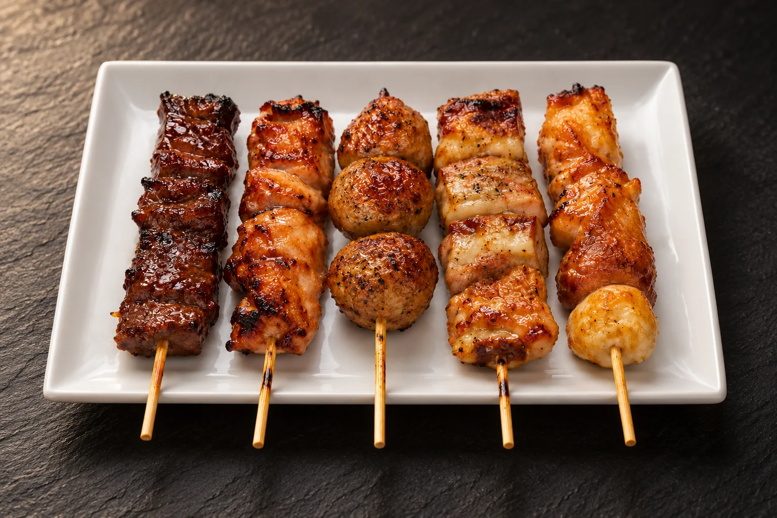 Assiette blanche avec cinq brochettes grillées : bœuf, poulet, boulettes de poulet.