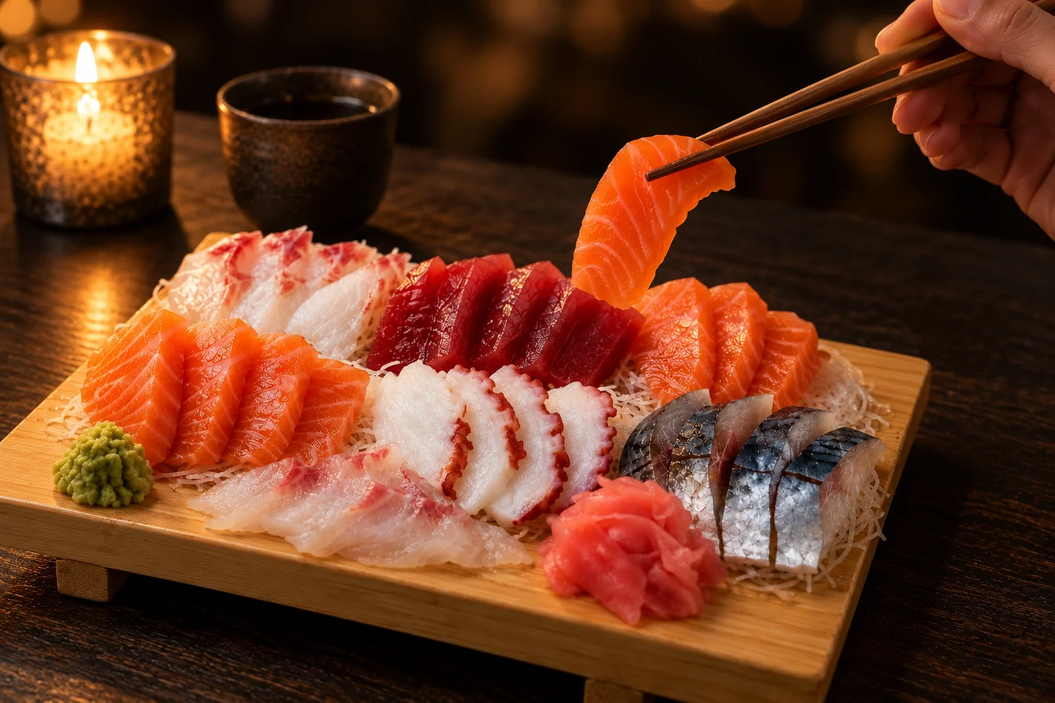 Plateau de sashimi à la lueur d’une bougie, une main prend une tranche de saumon aux baguettes.