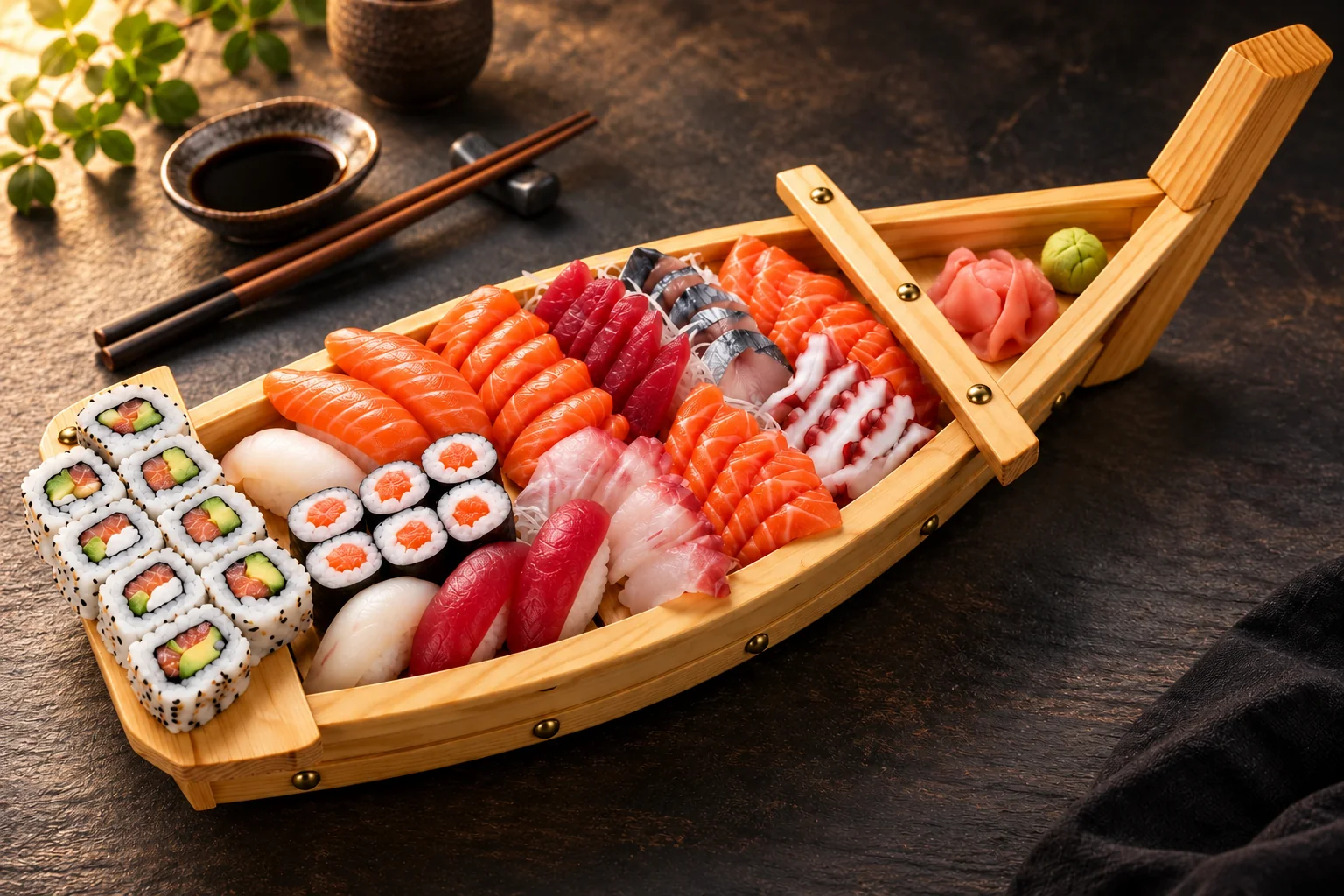 Bateau en bois garni de sushi, de sashimi, de california et de brochettes, avec soja et baguettes.