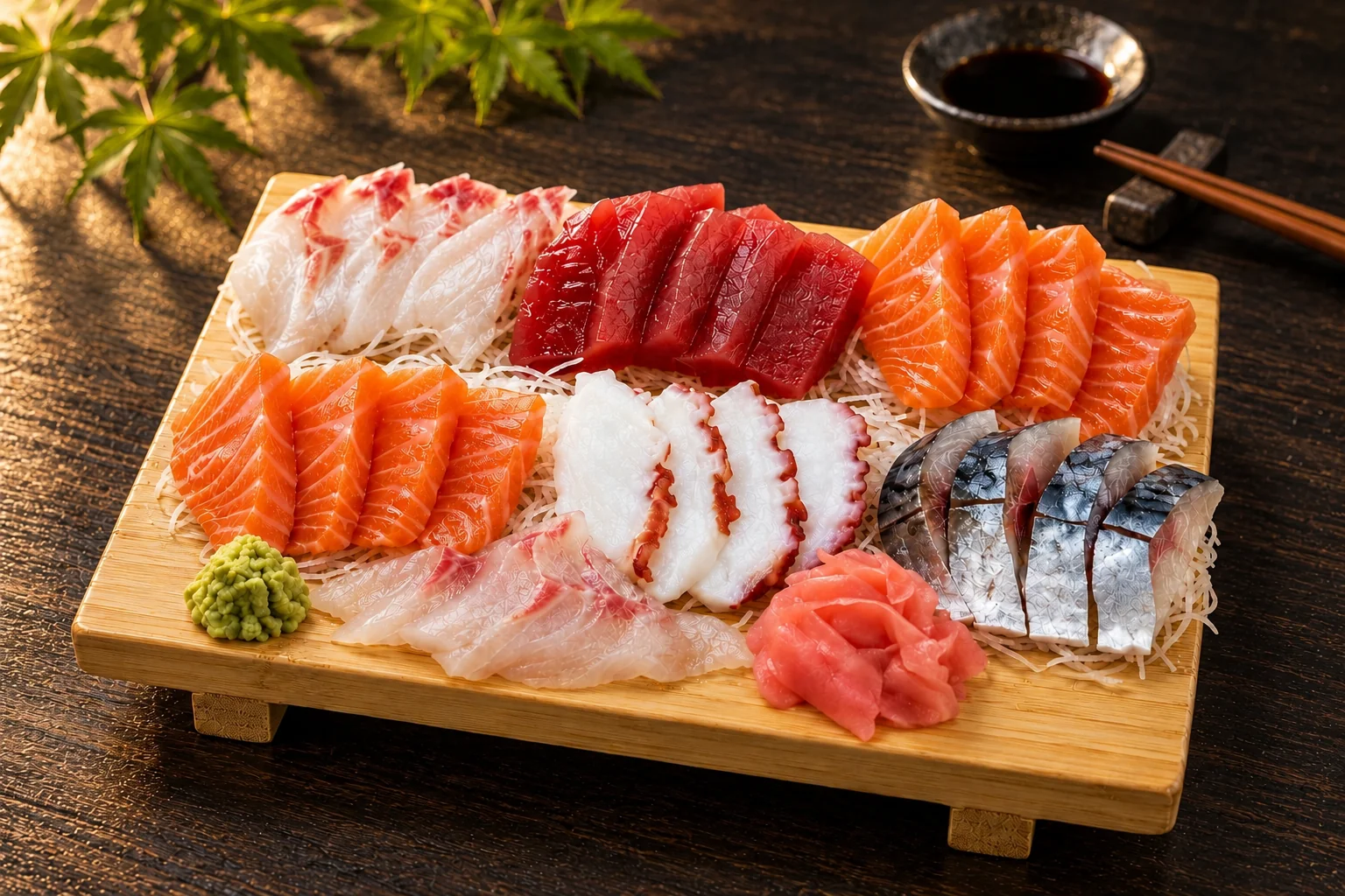 Planche en bois de sashimi : saumon, thon, daurade, poulpe et maquereau, wasabi et gingembre.