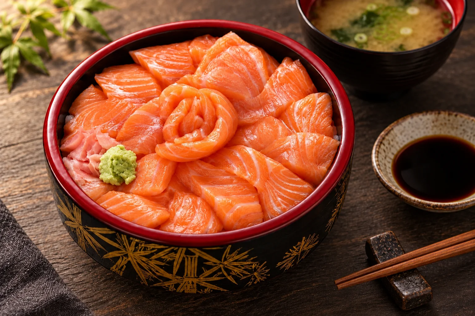 Bol laqué rouge et noir rempli de tranches de saumon, avec une soupe miso à côté.
