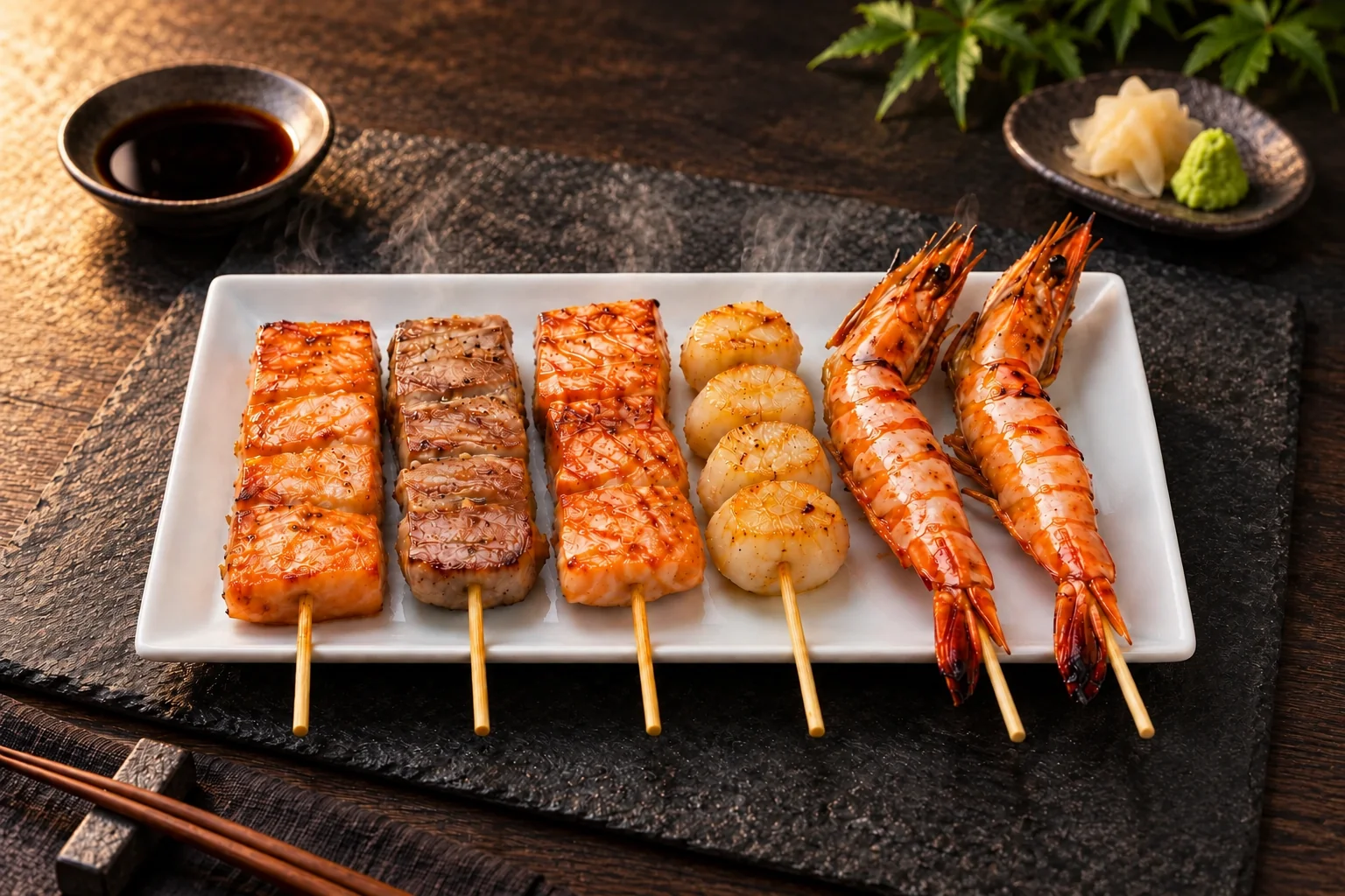 Assiette blanche de brochettes grillées : saumon, thon, coquilles st-jacques et gambas.