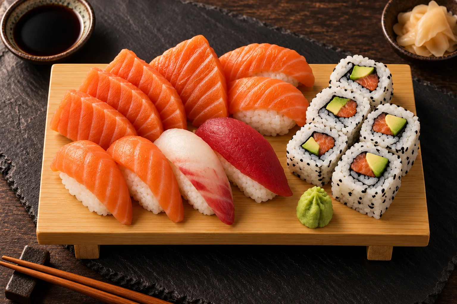 Planche en bois de sushi au saumon, au thon et à la daurade, et de california saumon avocat.