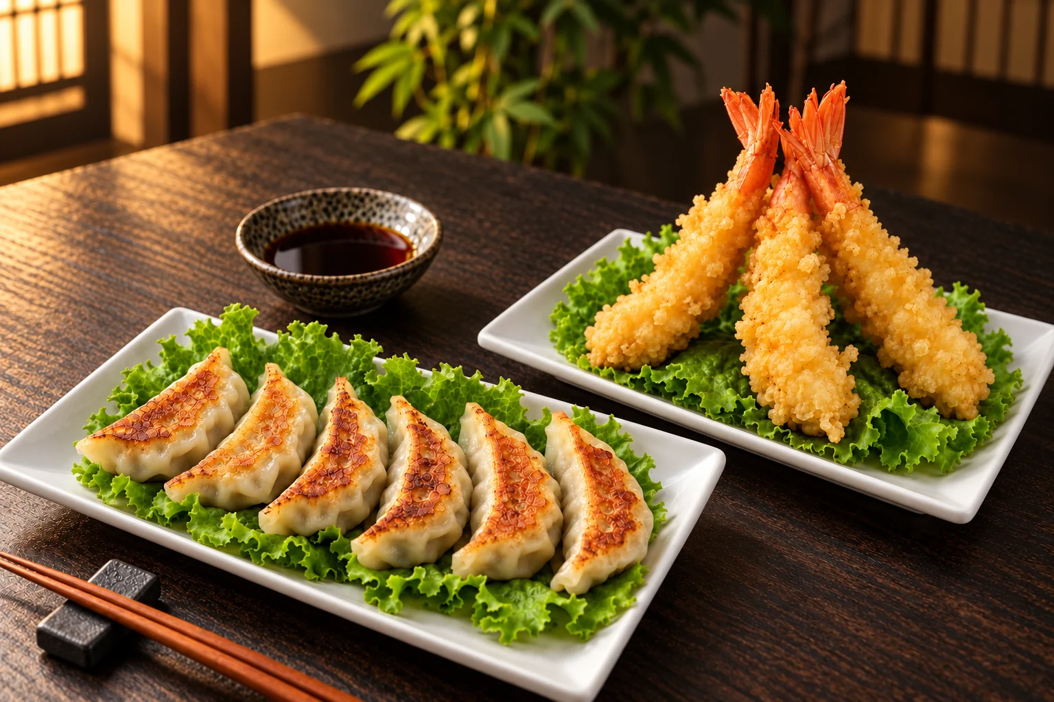 Deux assiettes blanches : gyoza grillés et tempura de crevettes sur des feuilles de salade.